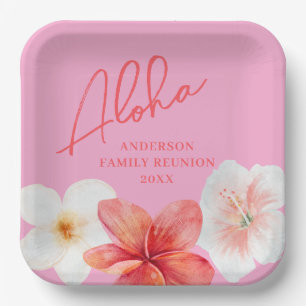 Pink Luau Tropical Flower Reunion Party Paper Plates