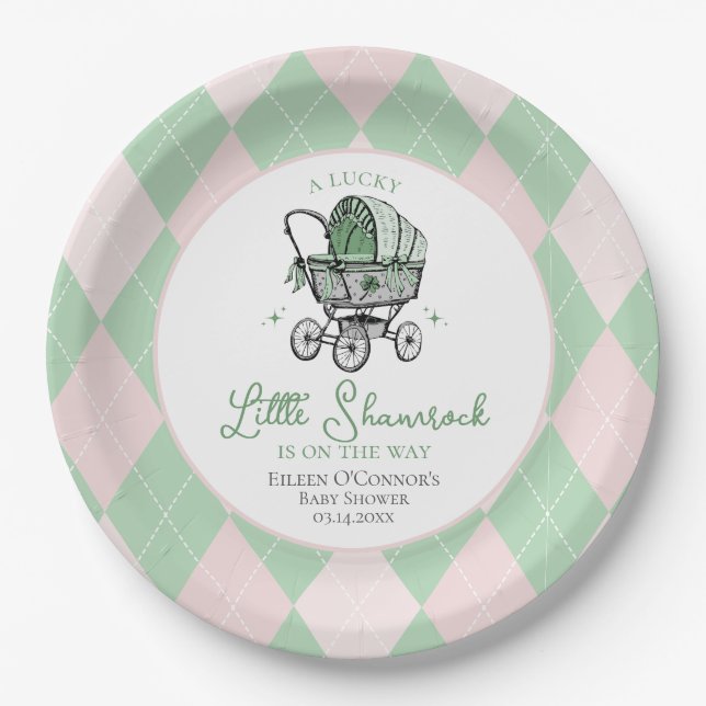 Pink Lucky Little Shamrock St Patricks Baby Shower Paper Plates (Front)