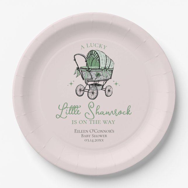 Pink Lucky Little Shamrock St Patricks Baby Shower Paper Plates (Front)