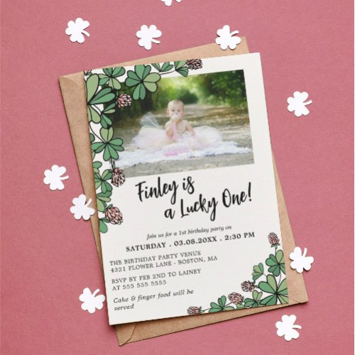 Pink Lucky One Four Leaf Clover 1st Birthday Party Invitation