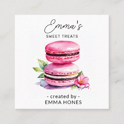 Pink macaron  modern watercolor bakery square business card