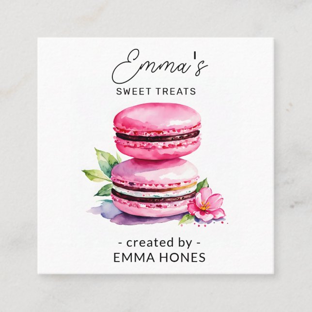Pink macaron  modern watercolor bakery square business card (Front)