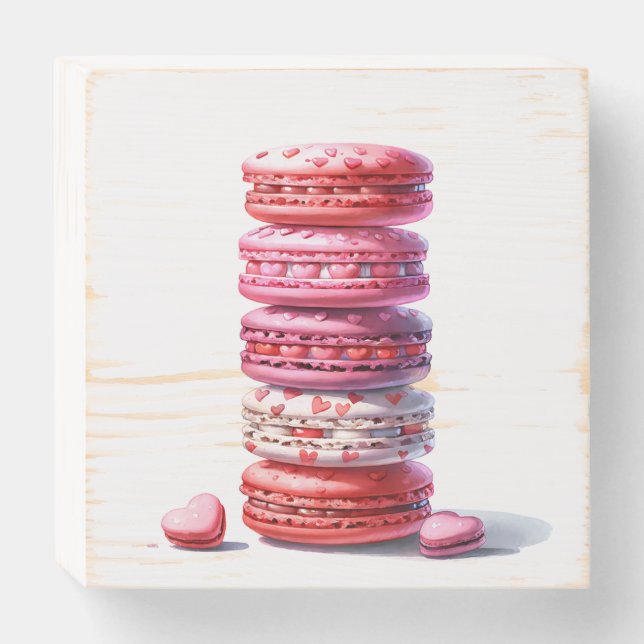 Pink Macaron Stack with Hearts | Romantic Dessert  Wooden Box Sign (Front Horizontal)