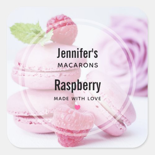 Pink Macarons  Red Raspberries Bakery Business Square Sticker