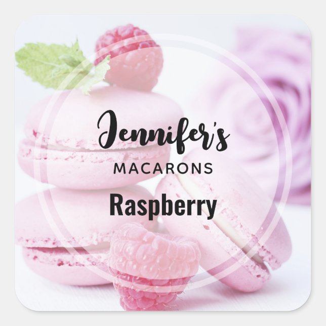 Pink Macarons & Red Raspberries Baking Business Square Sticker (Front)