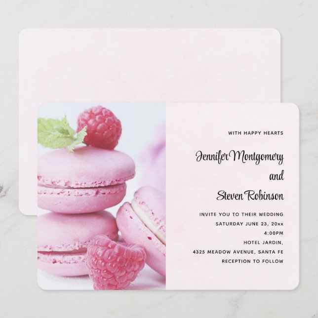 Pink Macarons & Red Raspberries Wedding Invitation (Front/Back)