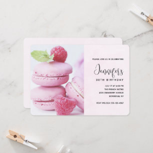 Pink Macarons with Red Raspberries Birthday Invitation