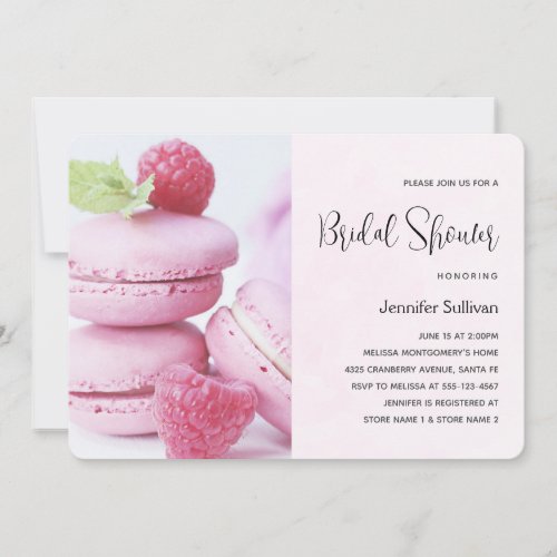 Pink Macarons with Red Raspberries Bridal Shower Invitation