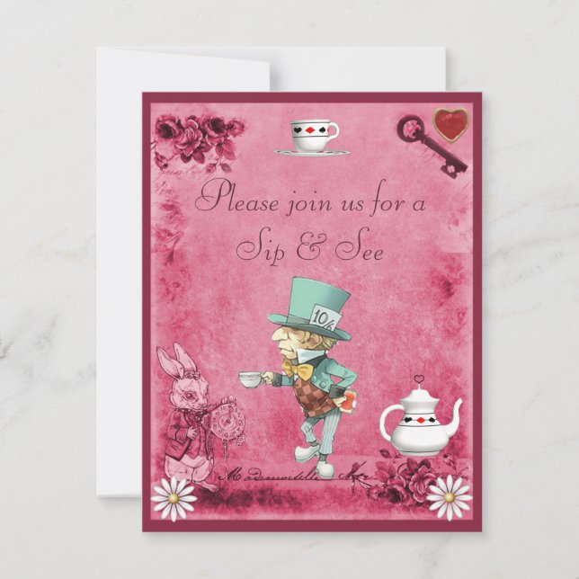 Pink Mad Hatter Sip & See Baby Shower Invitation (Front)