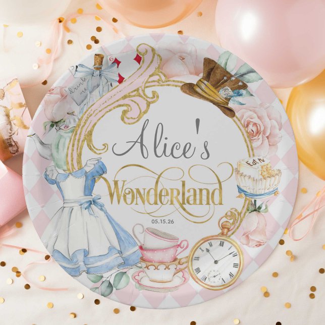 Pink, Mad Hatter, Tea Party, Girl Wonderland Paper Plates (Alice Wonderland, mad hatter, tea party, pink birthday paper plate.)