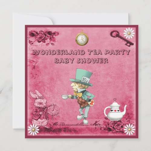 Pink Mad Hatter Wonderland Tea Party Baby Shower Invitation