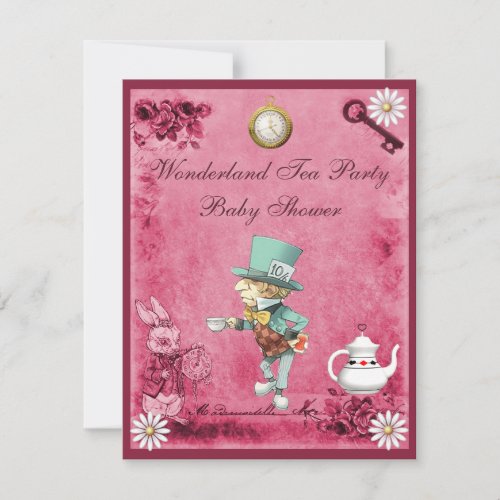 Pink Mad Hatter Wonderland Tea Party Baby Shower Invitation