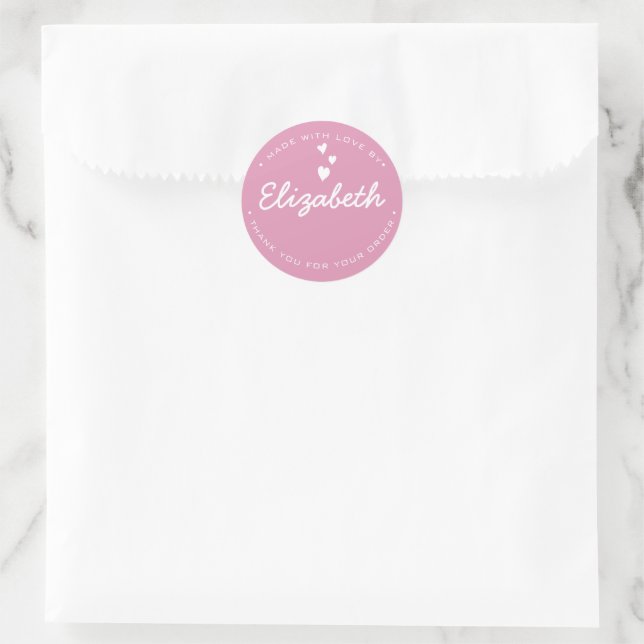 Pink Made with Love Personalized thank you Classic Round Sticker (Bag)