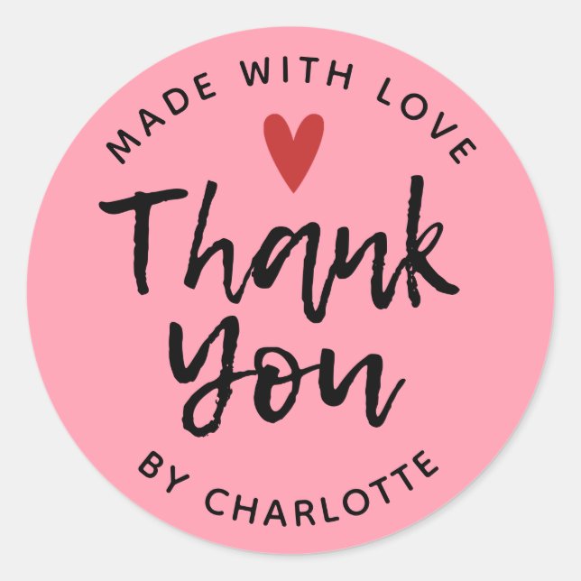 Pink Made With Love Thank You Classic Round Sticker (Front)