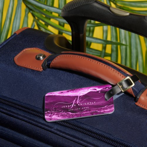Pink Magenta Agate Glitter Script Monogram Initial Luggage Tag