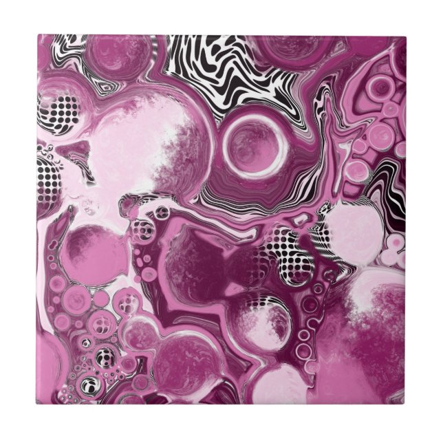 Pink, Magenta and Black Fluid Art Pour Painting Ceramic Tile (Front)
