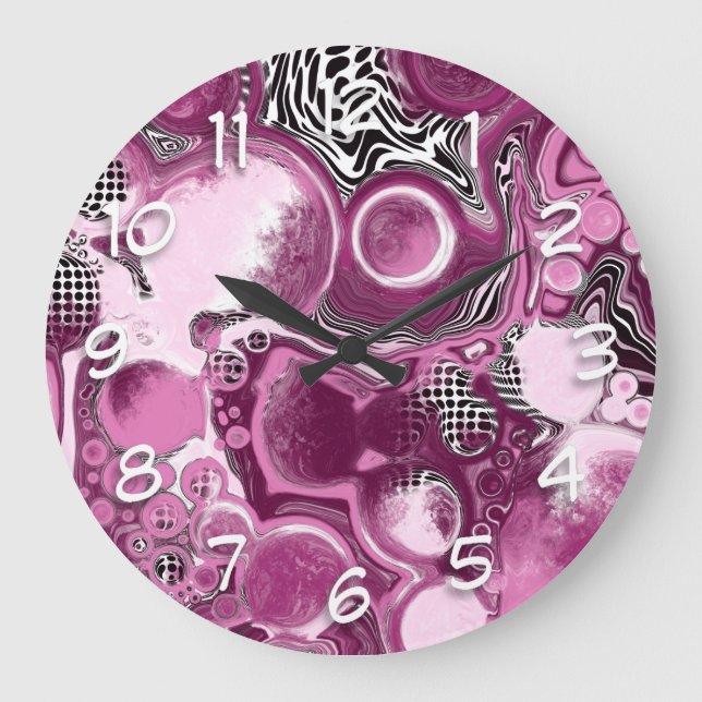 Pink, Magenta and Black Fluid Art Pour Painting   Large Clock (Front)
