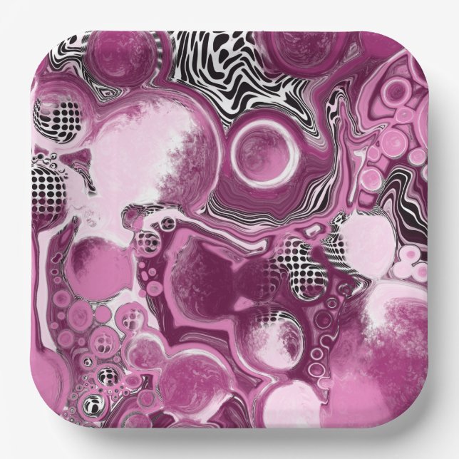 Pink, Magenta and Black Fluid Art Pour Painting  Paper Plates (Front)
