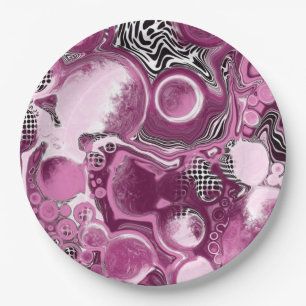 Pink, Magenta and Black Fluid Art Pour Painting Paper Plates