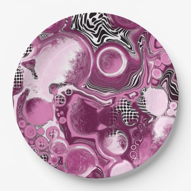 Pink, Magenta and Black Fluid Art Pour Painting Paper Plates (Front)