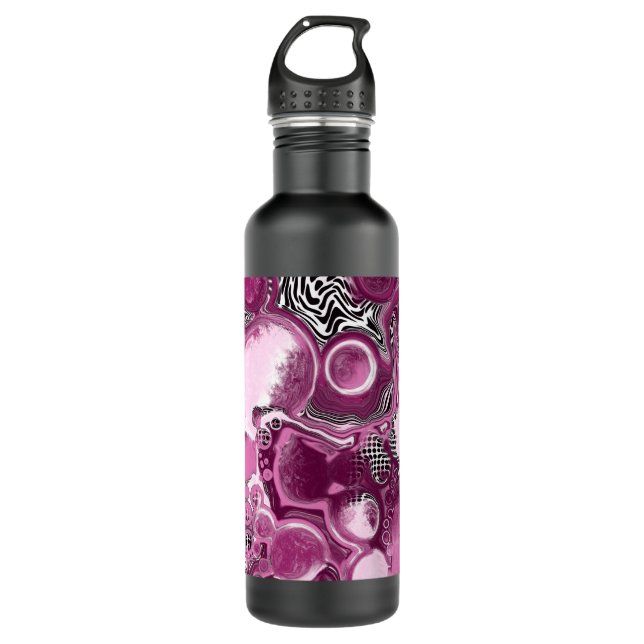 Pink, Magenta and Black Fluid Art Pour Painting Stainless Steel Water Bottle (Front)