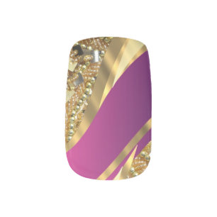 Pink magenta and gold rhinestone pattern minx nail art