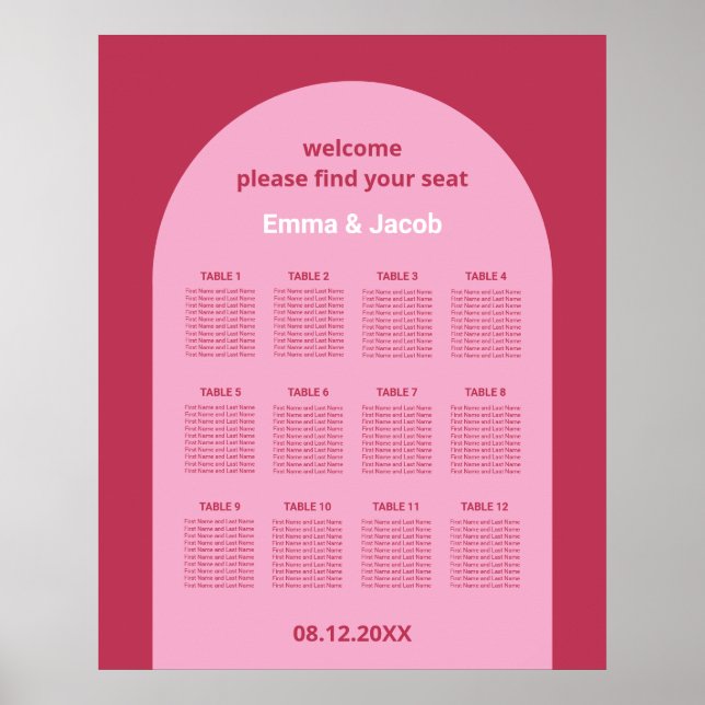 Pink Magenta Arch 12 Table Seating Chart Poster (Front)