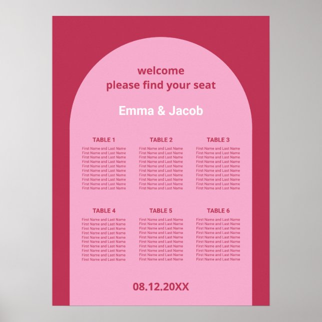 Pink Magenta Arch 6 Table Seating Chart Poster (Front)