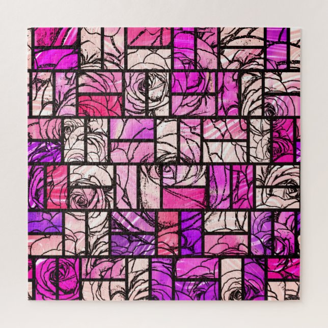 Pink Magenta Black Rose Stained Glass Look Jigsaw Puzzle (Vertical)