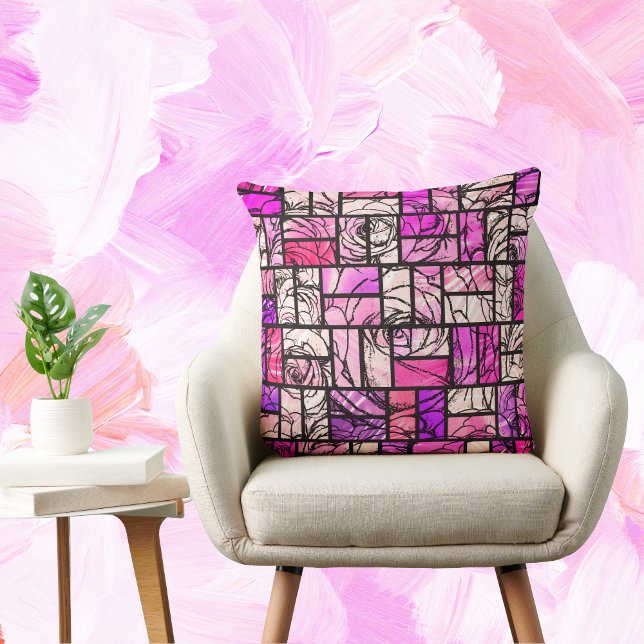 Pink Magenta Black Rose Stained Glass Look Throw Pillow (Creator Uploaded)