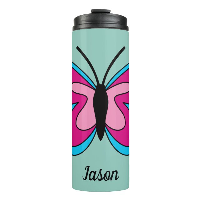 Pink Magenta Blue Butterfly | Add Text Thermal Tumbler (Front)