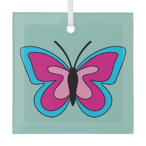 Pink Magenta Blue Butterfly Glass Ornament