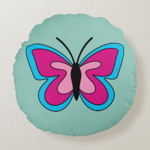 Pink Magenta Blue Butterfly Round Pillow