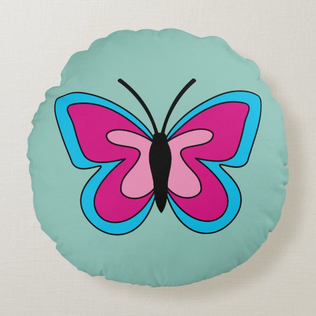 Pink Magenta Blue Butterfly Round Pillow (Front)