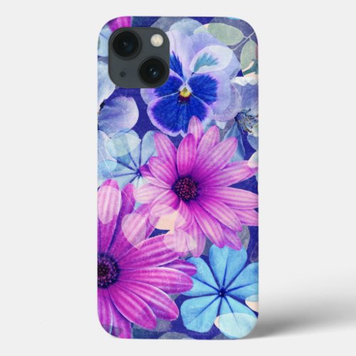 Pink Magenta Blue Floral Pattern  iPhone 13 Case