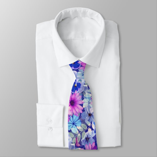 Pink Magenta Blue Floral Pattern  Neck Tie (Tied)
