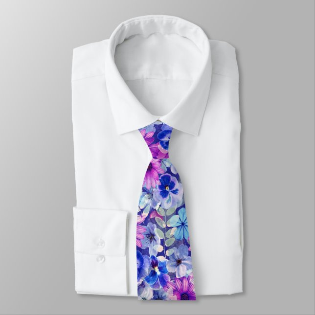Pink Magenta Blue Floral Pattern Neck Tie (Tied)