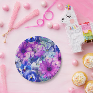 Pink Magenta Blue Floral Pattern Paper Plates