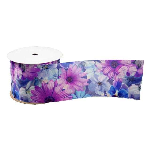 Pink Magenta Blue Floral Pattern  Satin Ribbon (Spool)