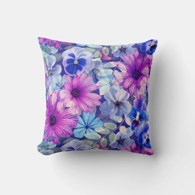 Pink Magenta Blue Floral Pattern Throw Pillow (Front)