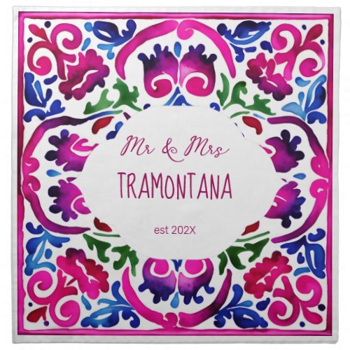 Pink magenta blue Majolica Spanish Mexican tiles  Cloth Napkin