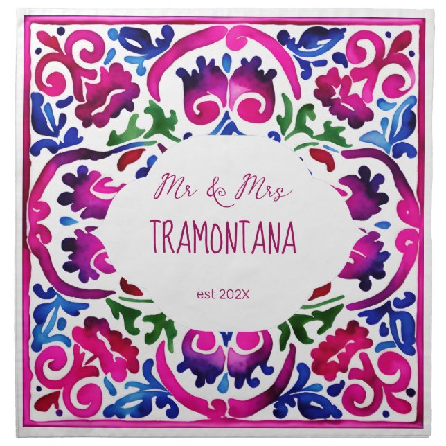 Pink magenta blue Majolica Spanish Mexican tiles  Cloth Napkin (Front)