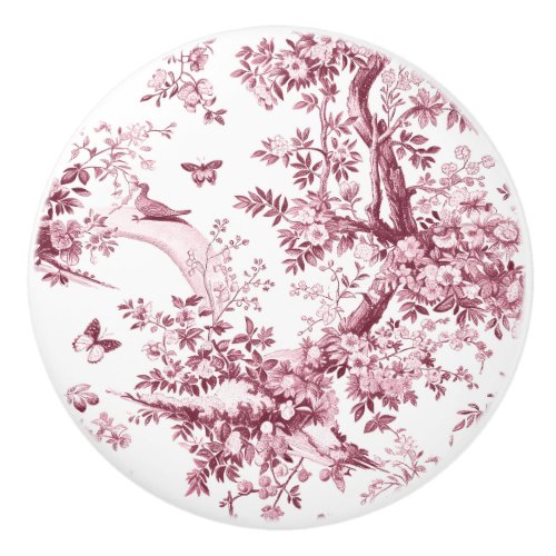 Pink Magenta Cream Toile Flowering Branch Ceramic Knob