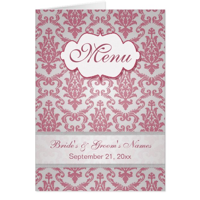 Pink magenta Damask Menu Cards (Front)