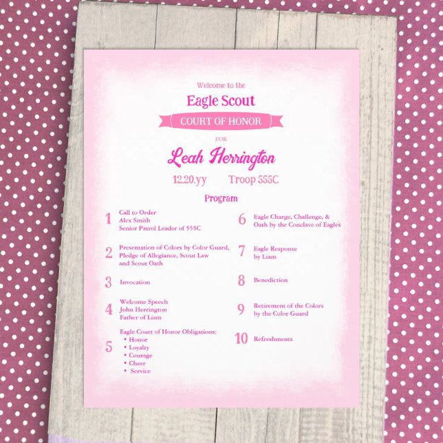 Pink & Magenta Eagle Court of Honor Program Flyer (Pink eagle scout court of honor ceremony program flyer, decorative pink banner ribbon design)