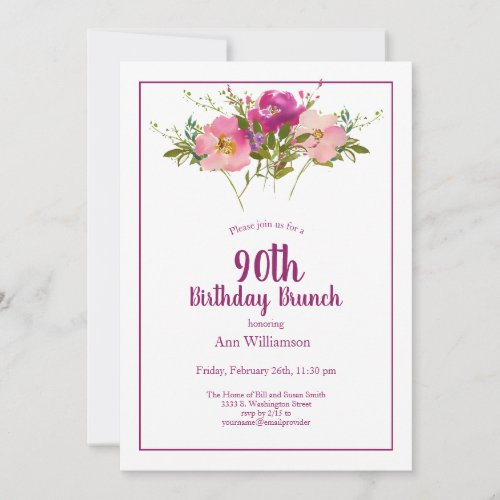 Pink Magenta Floral 90th Birthday Brunch Invitation