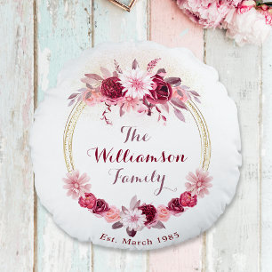 Pink Magenta Floral Cottage Wreath Family Monogram Round Pillow