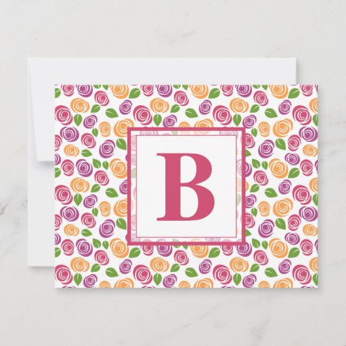 Pink Magenta Floral Personalized Monogram Initial Note Card