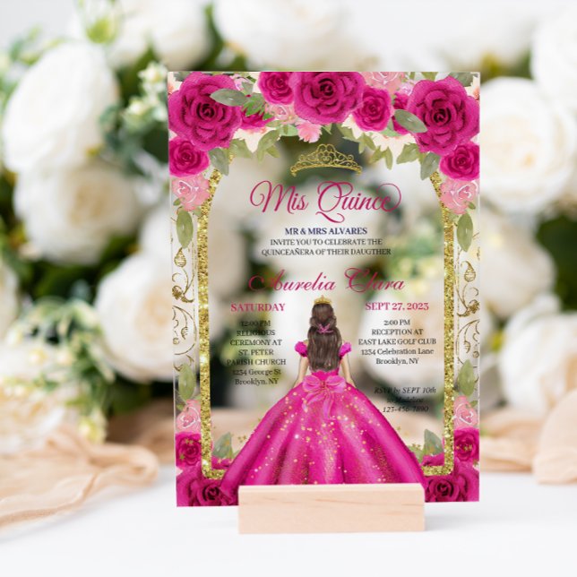Pink Magenta Floral Princess Gold Arch Quinceanera Acrylic Invitations (Creator Uploaded)