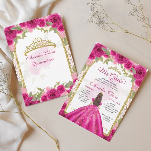 Pink Magenta Floral Princess Gold Arch Quinceanera Invitation